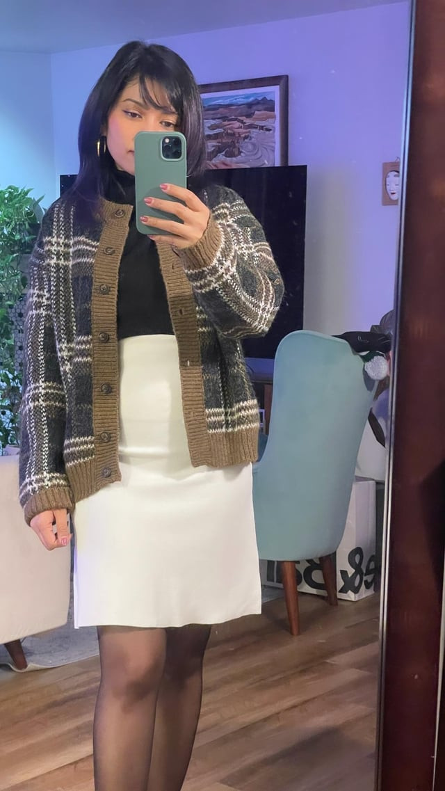 Plaid Knit Cardigan Over Turtleneck and Slip Skirt Plaid Knit Cardigan Over Turtleneck and Slip Skirt — Grandmacore Outfits