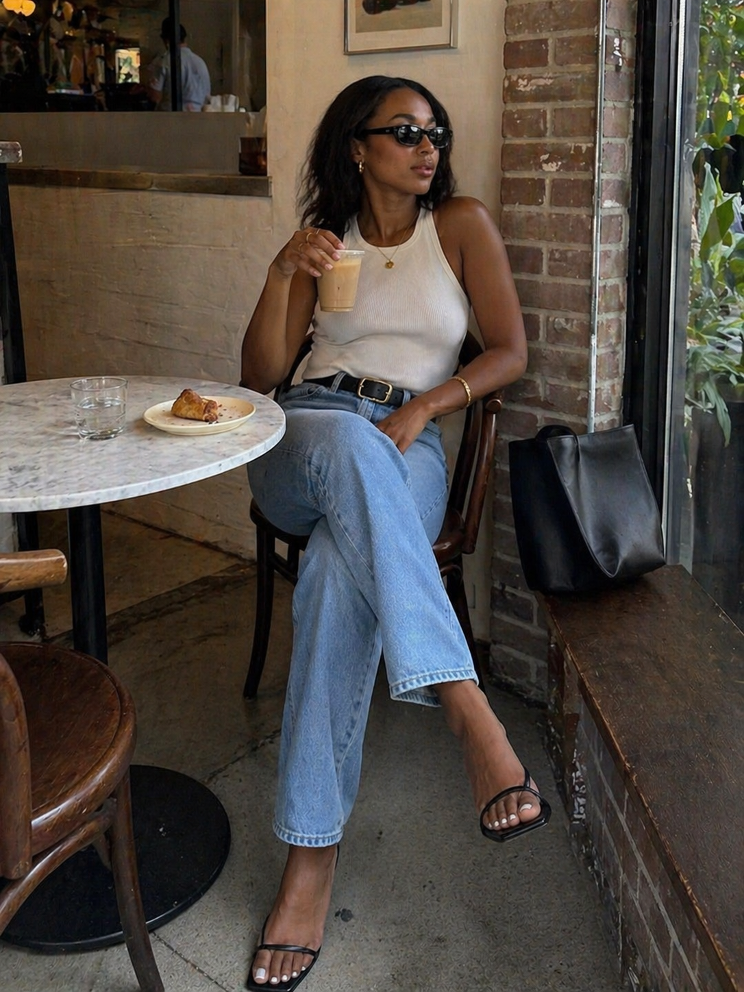 Casual Cool: Straight Leg Jeans with Ribbed Tank and Black Accessories