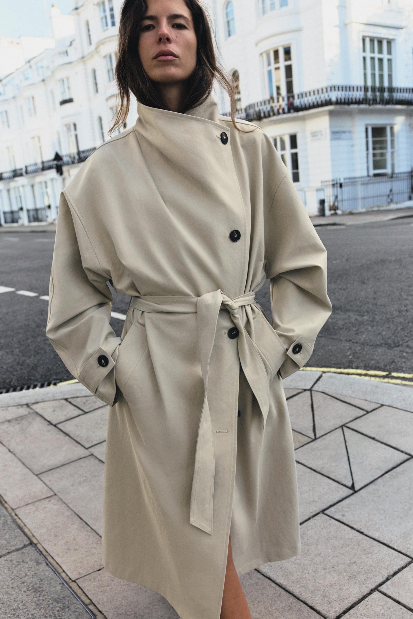 Not Visible Beige Trench Coat with Dramatic Wide Collar — Trench Coats