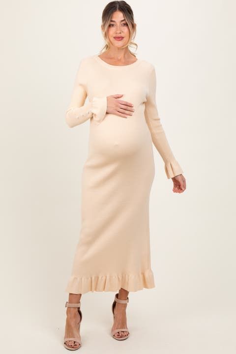 Casual Outing Daytime Event Cream Ribbed Knit Maternity Maxi Dress with Ruffles Casual Outing Daytime Event Cream Ribbed Knit Maternity Maxi Dress with Ruffles — Maternity Dresses