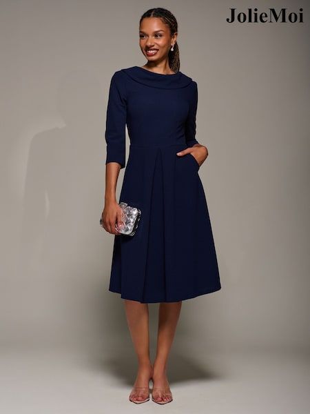 Navy Blue Cowl Neck Dress with Pleats and Pockets — Knee Length Dresses