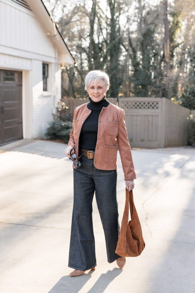Smart Casual Layering: Suede Jacket Over Turtleneck and Jeans — Atlanta Outfits