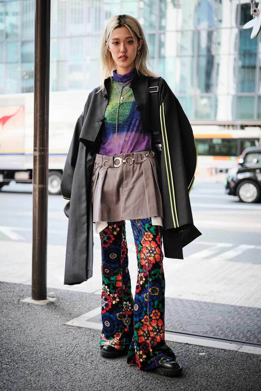 Maximalist Layers: Oversized Coat, Patterned Pants, and Sheer Top — Tokyo Outfits