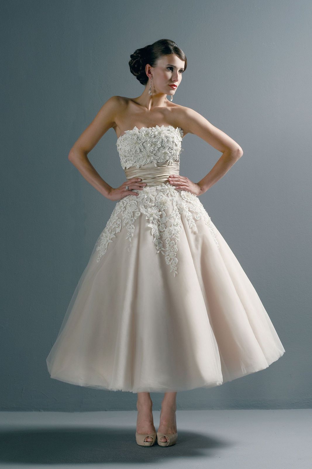 Ivory and Beige Lace Tea Length Wedding Dress with Satin Sash Ivory and Beige Lace Tea Length Wedding Dress with Satin Sash — Tea Length Dresses