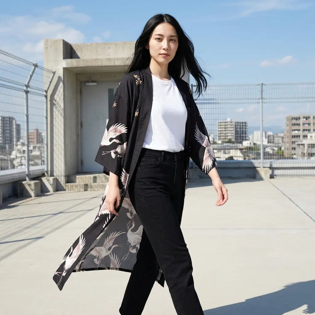 Black Crane Print Kimono with Slim Jeans — Kimonos