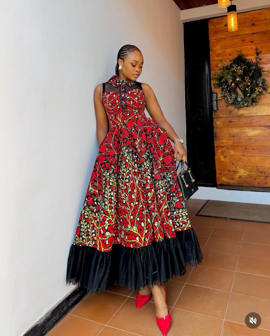 Ankara Midi Dress with Sheer Neckline and Ruffled Hem Ankara Midi Dress with Sheer Neckline and Ruffled Hem — Ankara Outfits
