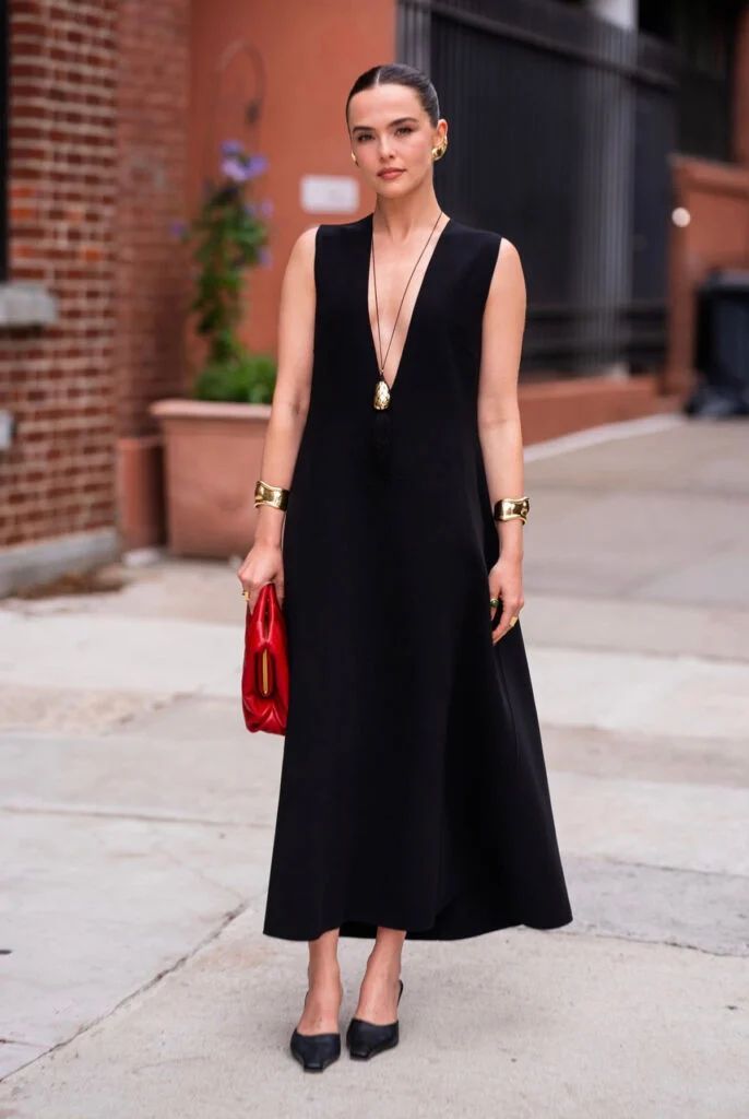 Sleek A-Line Midi Dress with Bold Gold Accents Sleek A-Line Midi Dress with Bold Gold Accents — Broadway Outfits