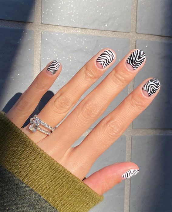 Short Square Nude with Zebra Accents — Zebra Nails