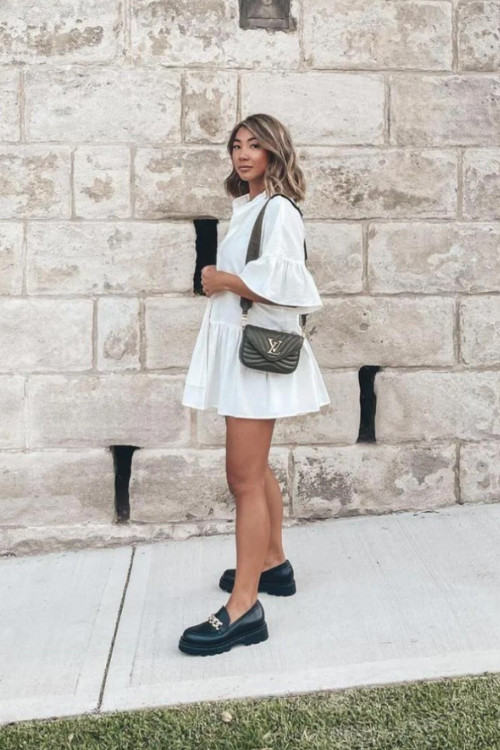 White Mini Dress with Chunky Chain Loafers — Loafers with Dress Outfits