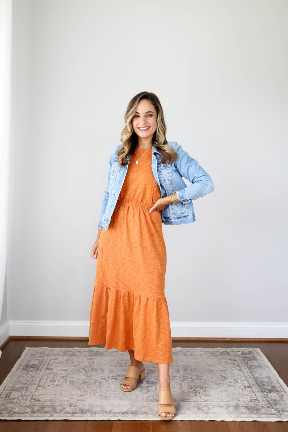 Tiered Orange Dress and Denim Jacket for Daytime Comfort — Kindergarten Teacher Outfits