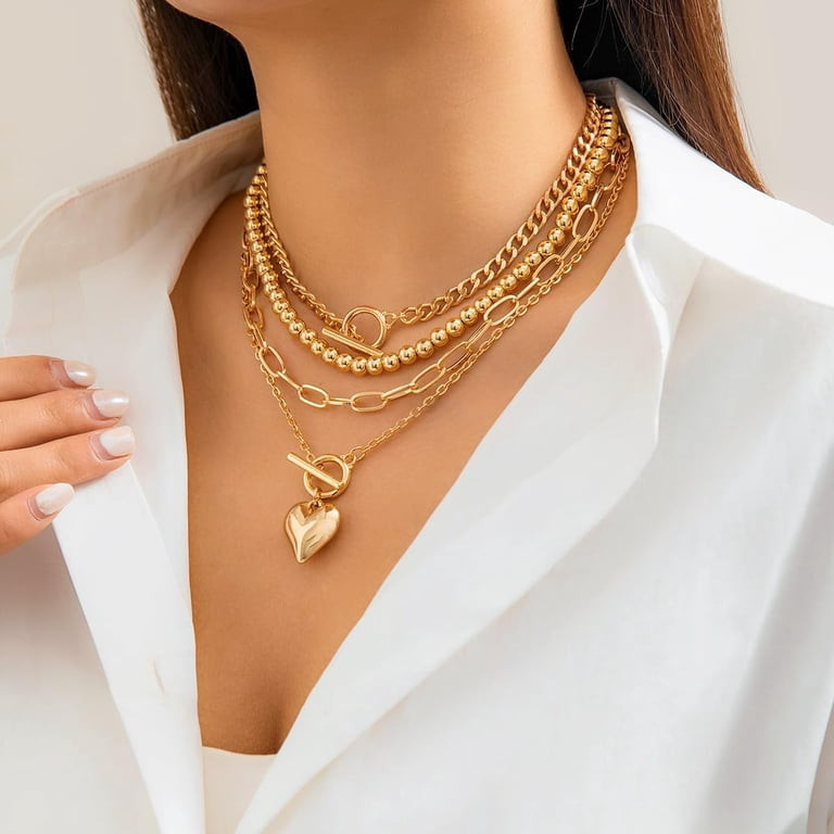 Layered Chunky Gold Necklace Stack with Heart Pendant — Chunky Gold Necklaces