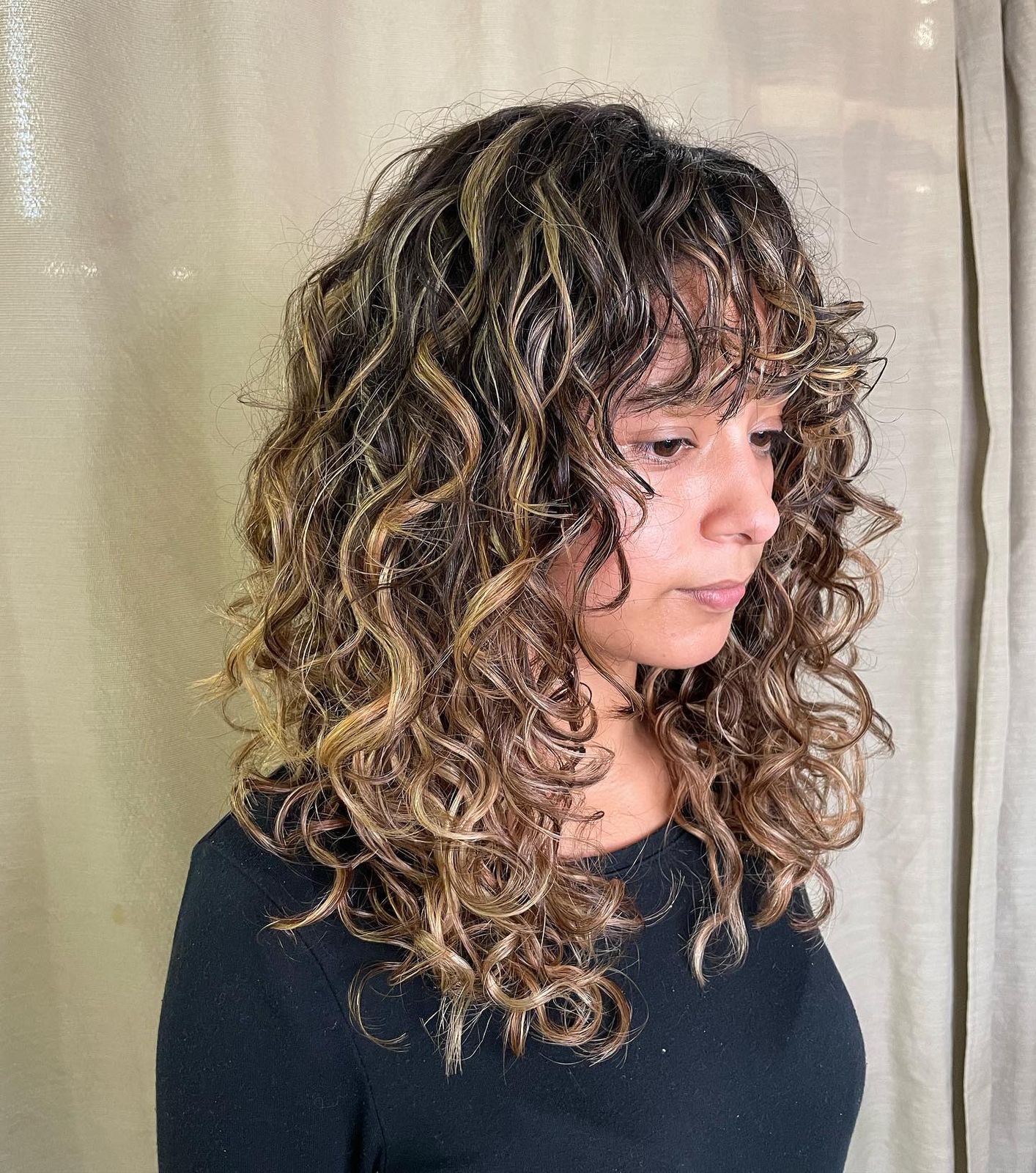 Wolf Cut Collarbone Dark Brown with Contrasting Highlights — Curly Wolf Cut