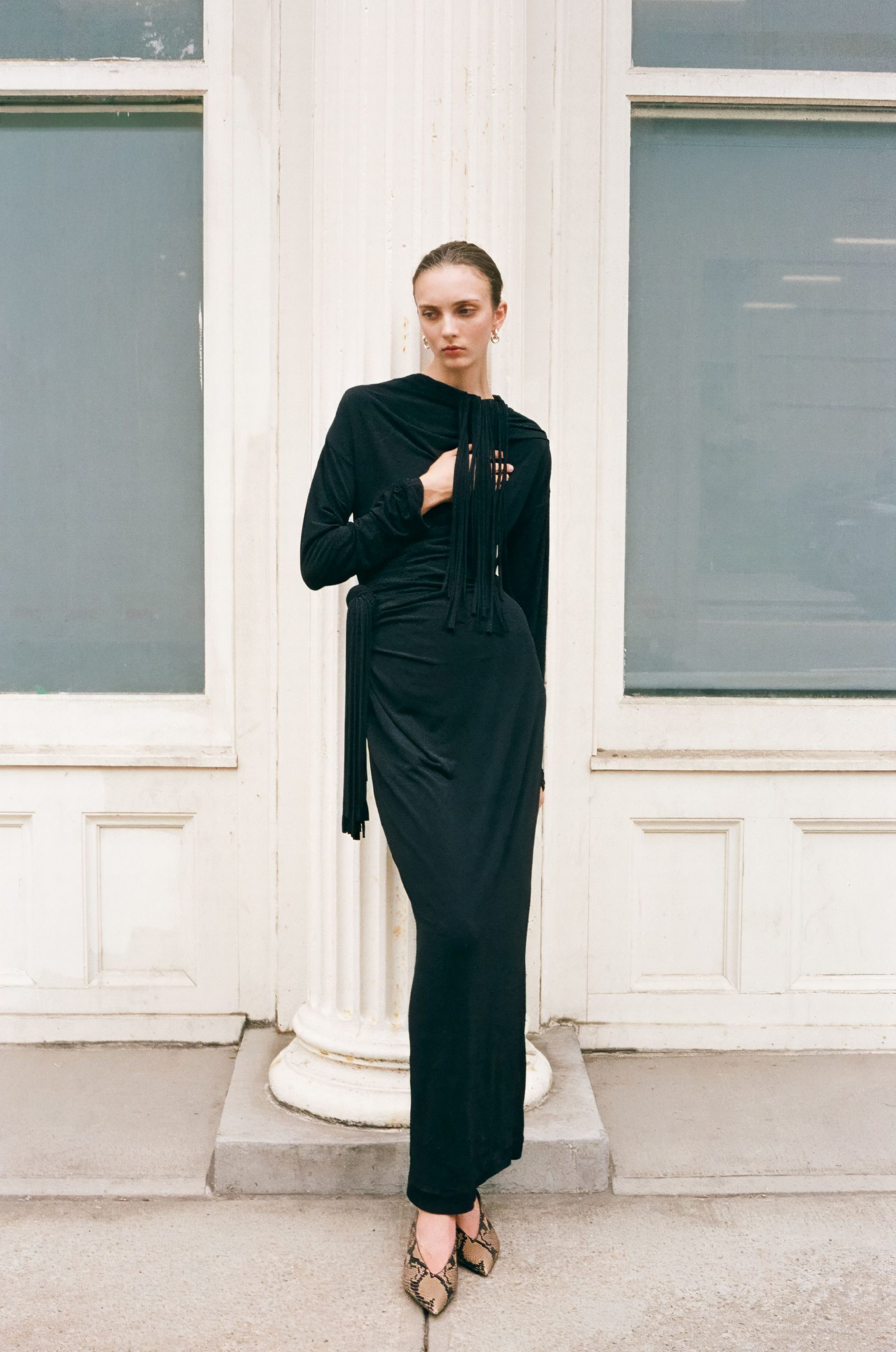 Draped Long-Sleeve Dress with Snakeskin Heels — Dark Feminine Outfits