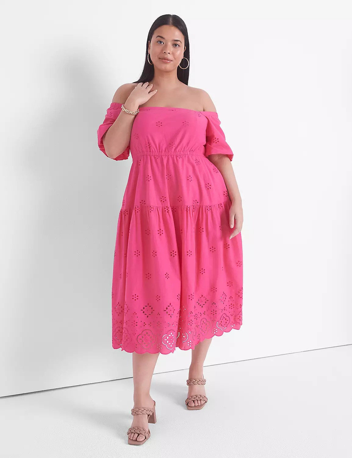 Hot Pink Eyelet Cotton Midi Dress for Summer Day — Midsize Dresses