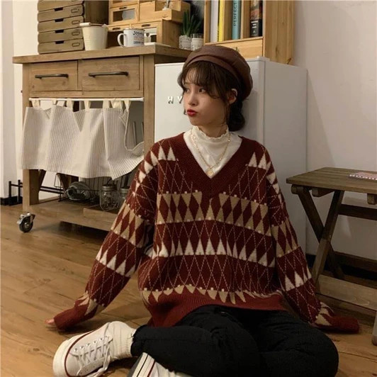 Argyle Sweater with Mock Neck Top and Beret Argyle Sweater with Mock Neck Top and Beret — Grandmacore Outfits
