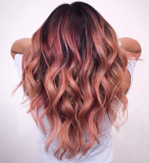 Mid-Back Thick Wavy Rose Gold Balayage Mid-Back Thick Wavy Rose Gold Balayage — Rose Gold Hair