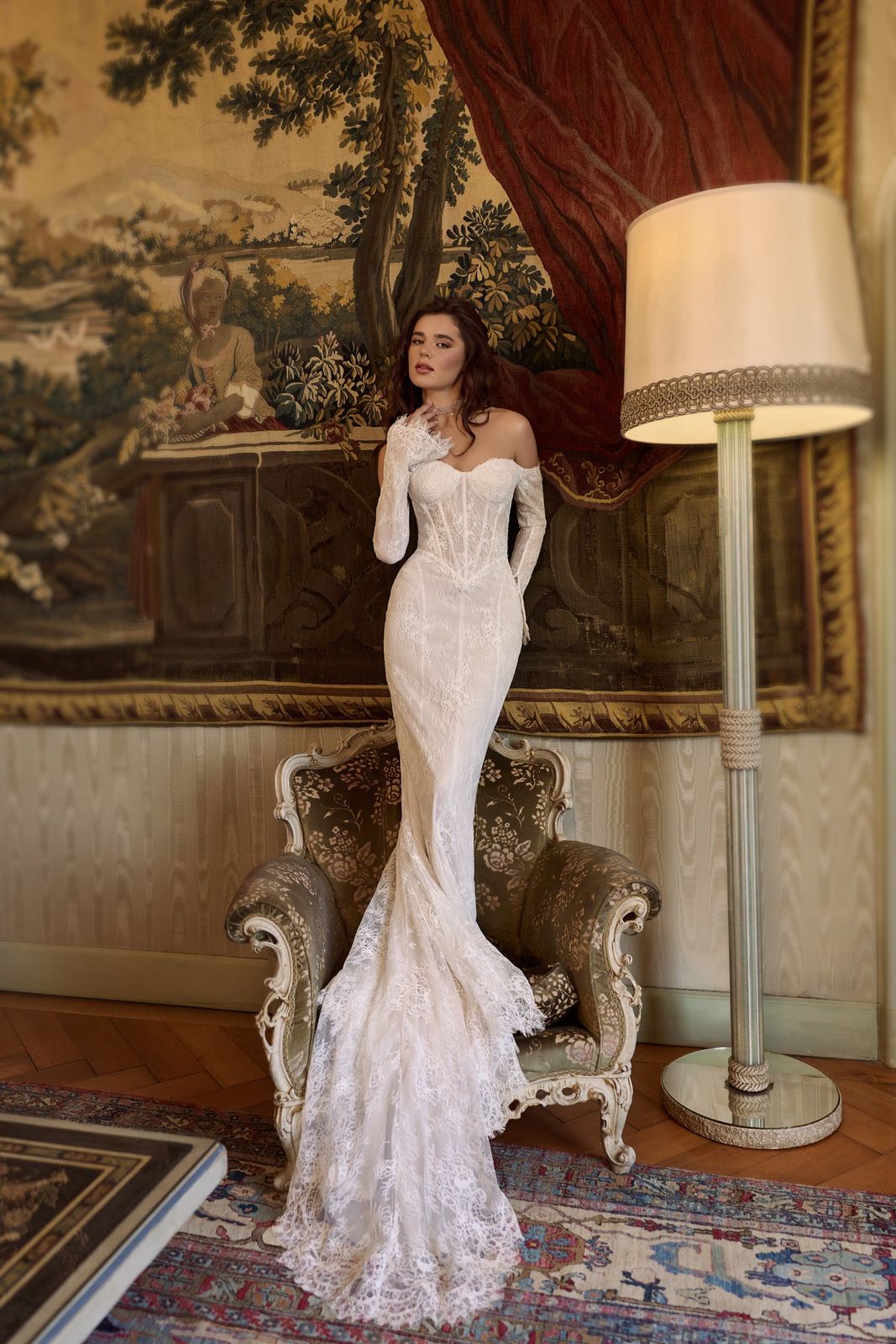 Ivory Lace Mermaid Wedding Gown with Corset Detail and Lace Gloves Ivory Lace Mermaid Wedding Gown with Corset Detail and Lace Gloves — Mermaid Dresses