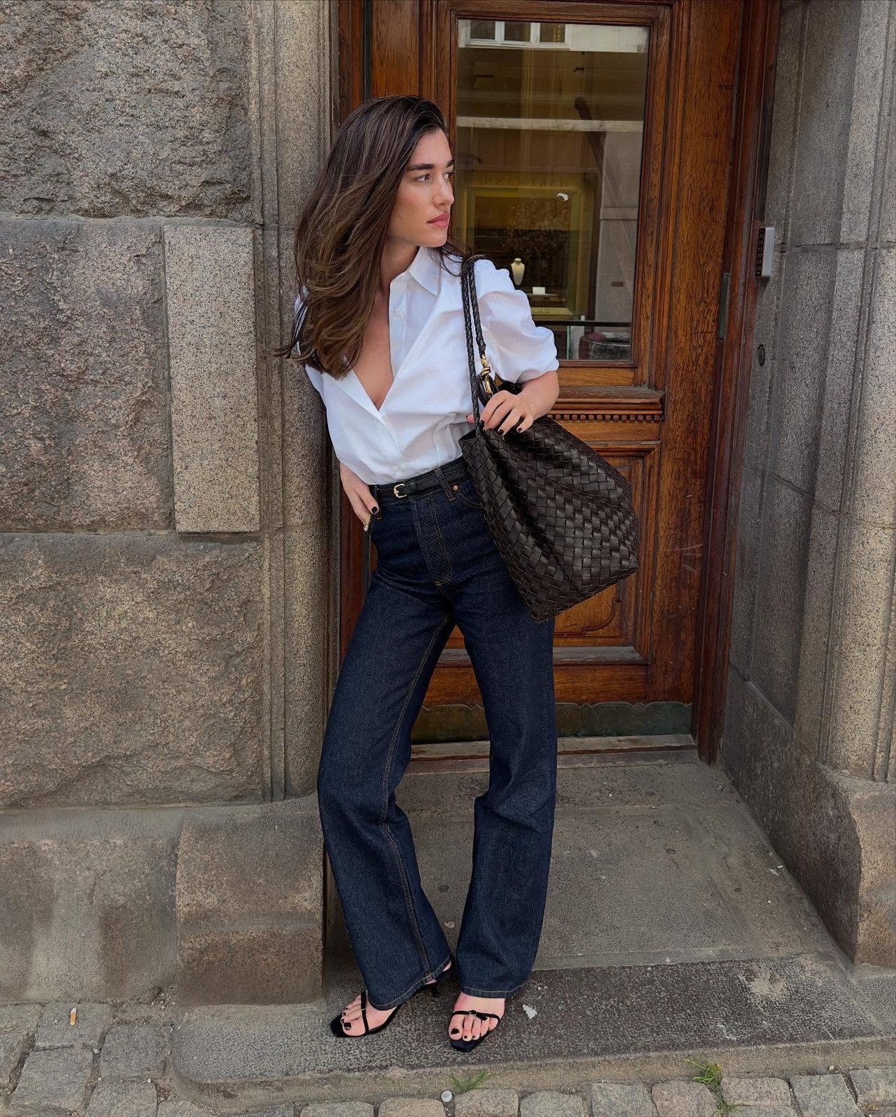 Flared Jeans with a Crisp Button-Down and Woven Tote — High Waisted Jeans