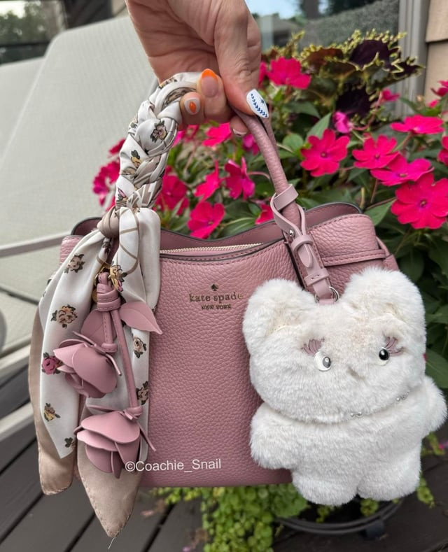 Pink Kate Spade Bag with Floral Scarf and Bear Charm Pink Kate Spade Bag with Floral Scarf and Bear Charm — Kate Spade Bag Outfits