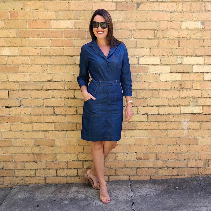 Dark Blue Denim Shirt Dress with Nude Block Heels — Shirt Dress Outfits