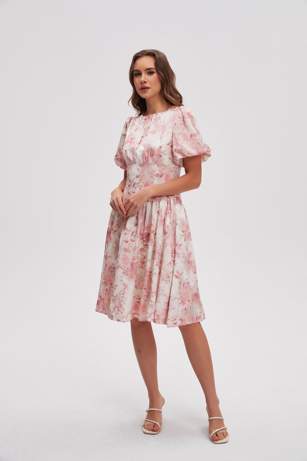 Playful Pink Floral Print Puff Sleeve Dress — Knee Length Dresses