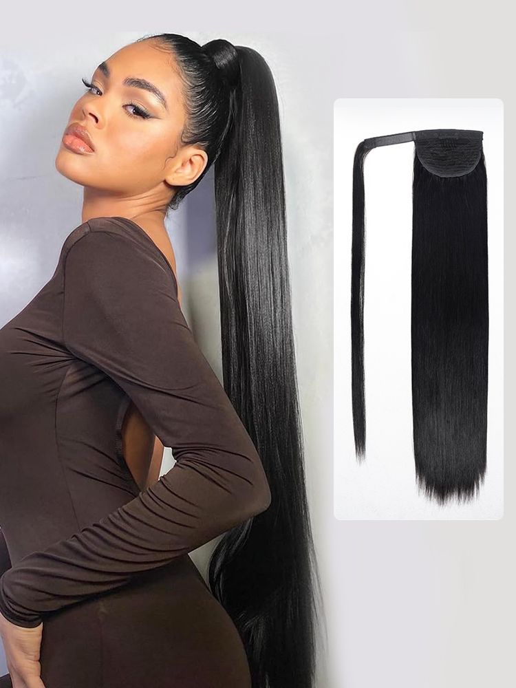No Bangs Extremely Long Sleek Black Ponytail — Ponytail with Extensions