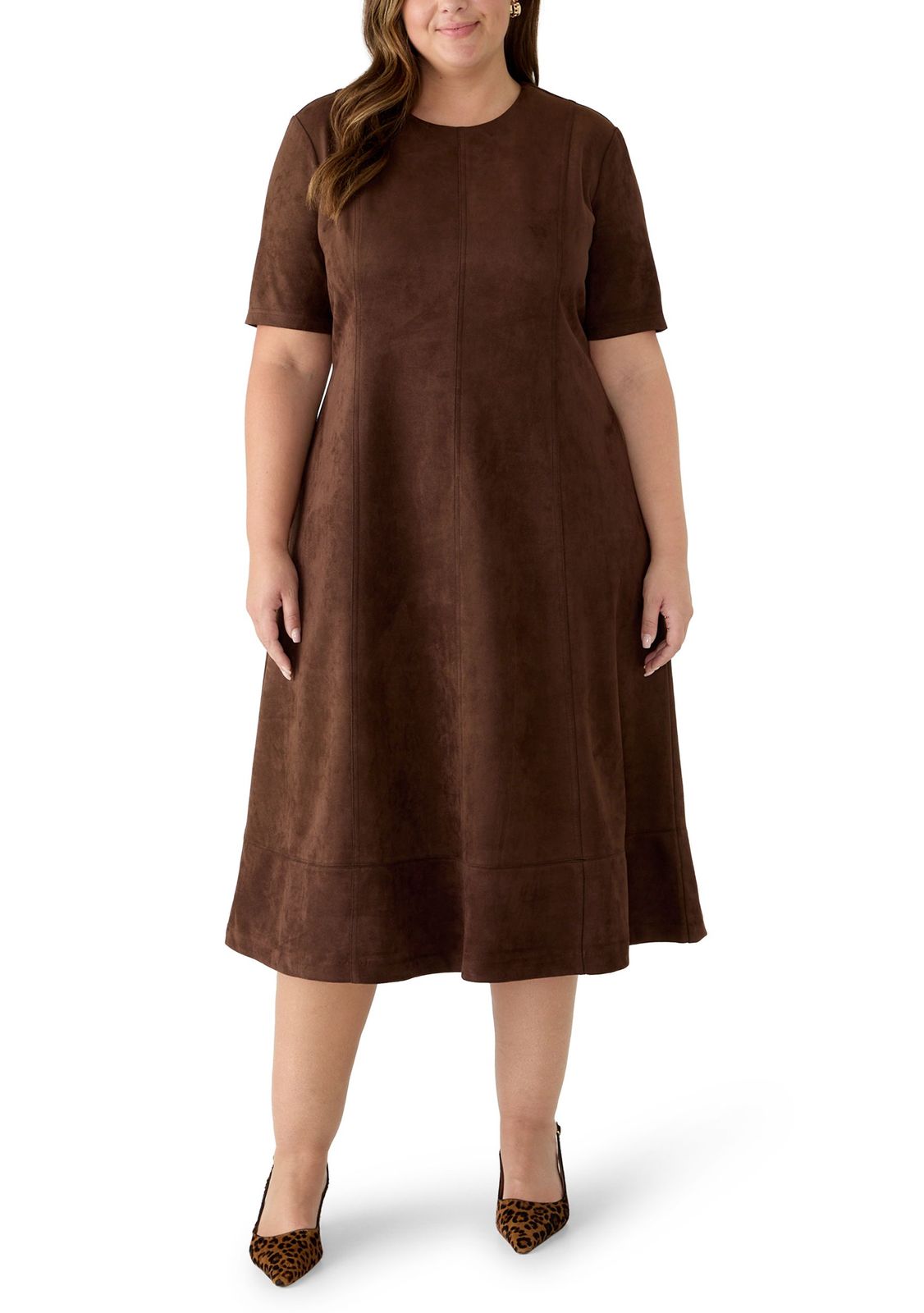 Brown Suede-Like Midi Dress with A-Line Silhouette — Plus Size Dresses