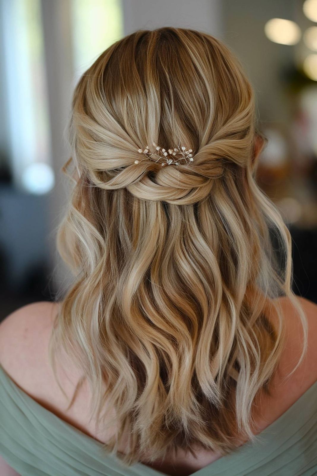Platinum Blonde Braided Half-Up With Waves — Half Up Half Down Medium Hair