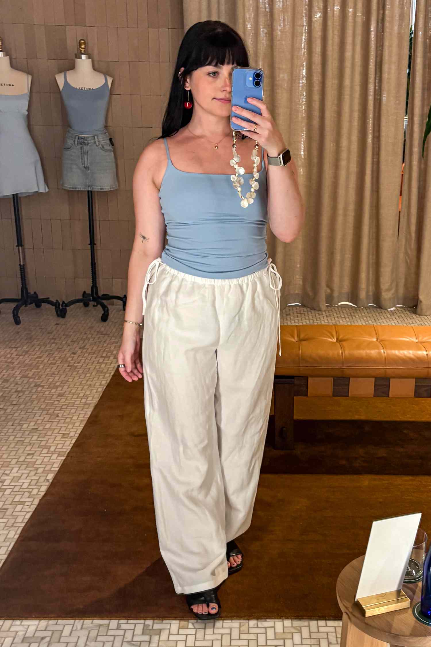 Blue Spaghetti Strap Tank Top with White Linen Trousers for Summer Travel — Tank Top Outfits