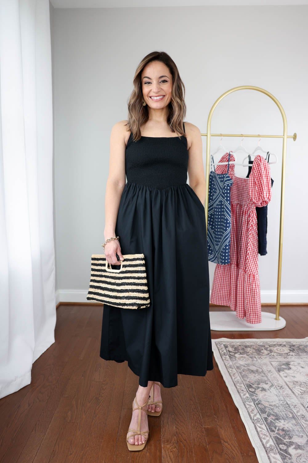 Black Midi Dress with Smocked Bodice, Woven Skirt, and Tan Sandals — Midi Dress Outfits