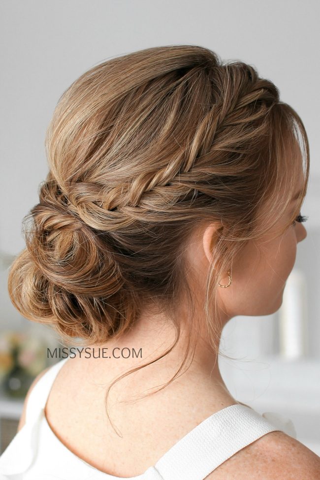 Light Brown French Braid Low Bun — Braided Updo