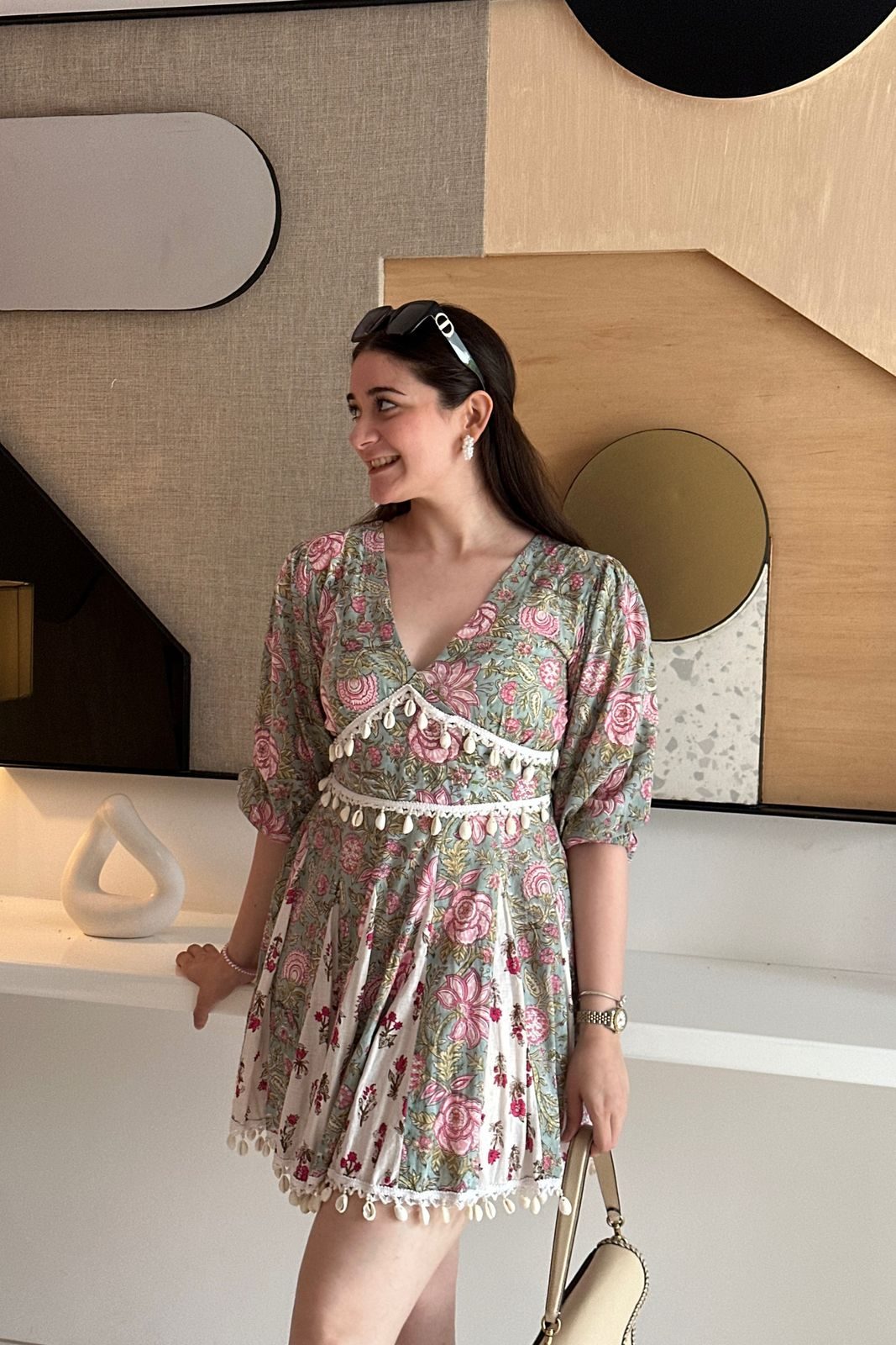 Black Midi Dress with Blue Floral Print and Puff Sleeves — Floral Dresses