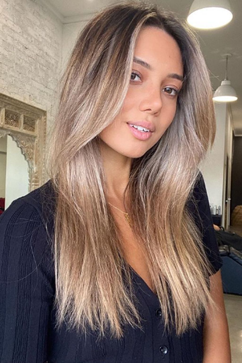 Curtain Bangs Shoulder Length Blowout With Ash Blonde Balayage — Balayage Straight Hair