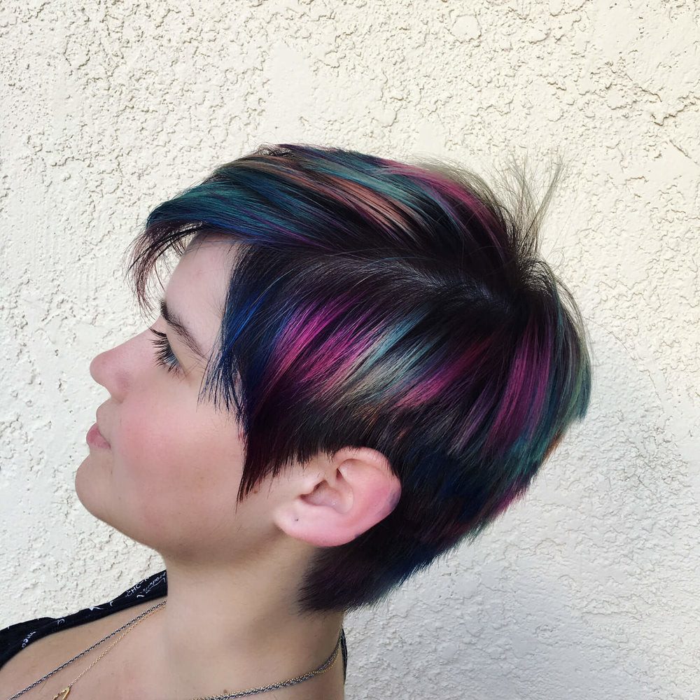 Textured Pixie Cut With Rainbow Streaks Textured Pixie Cut With Rainbow Streaks — Oil Slick Hair