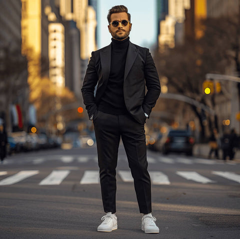 Sleek Black Blazer with Turtleneck and Sneakers Sleek Black Blazer with Turtleneck and Sneakers — Mens Business Casual Outfits