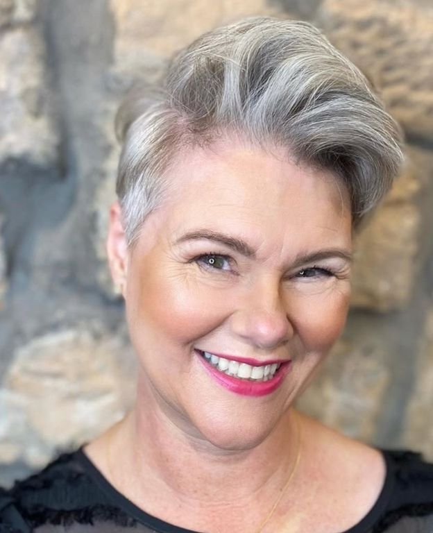 Short Pixie With Forward Styled Bangs Short Pixie With Forward Styled Bangs — Gray Natural Hair