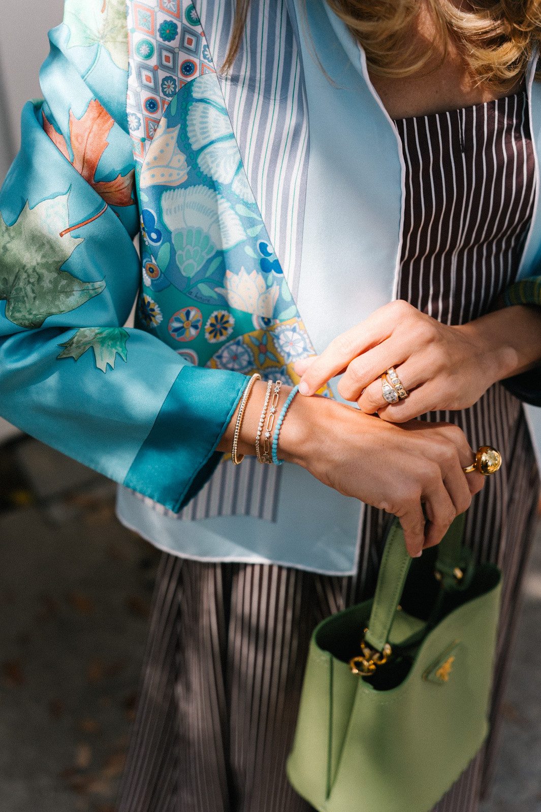Green Prada Bag with Printed Silk Jacket Green Prada Bag with Printed Silk Jacket — Prada Bag Outfits
