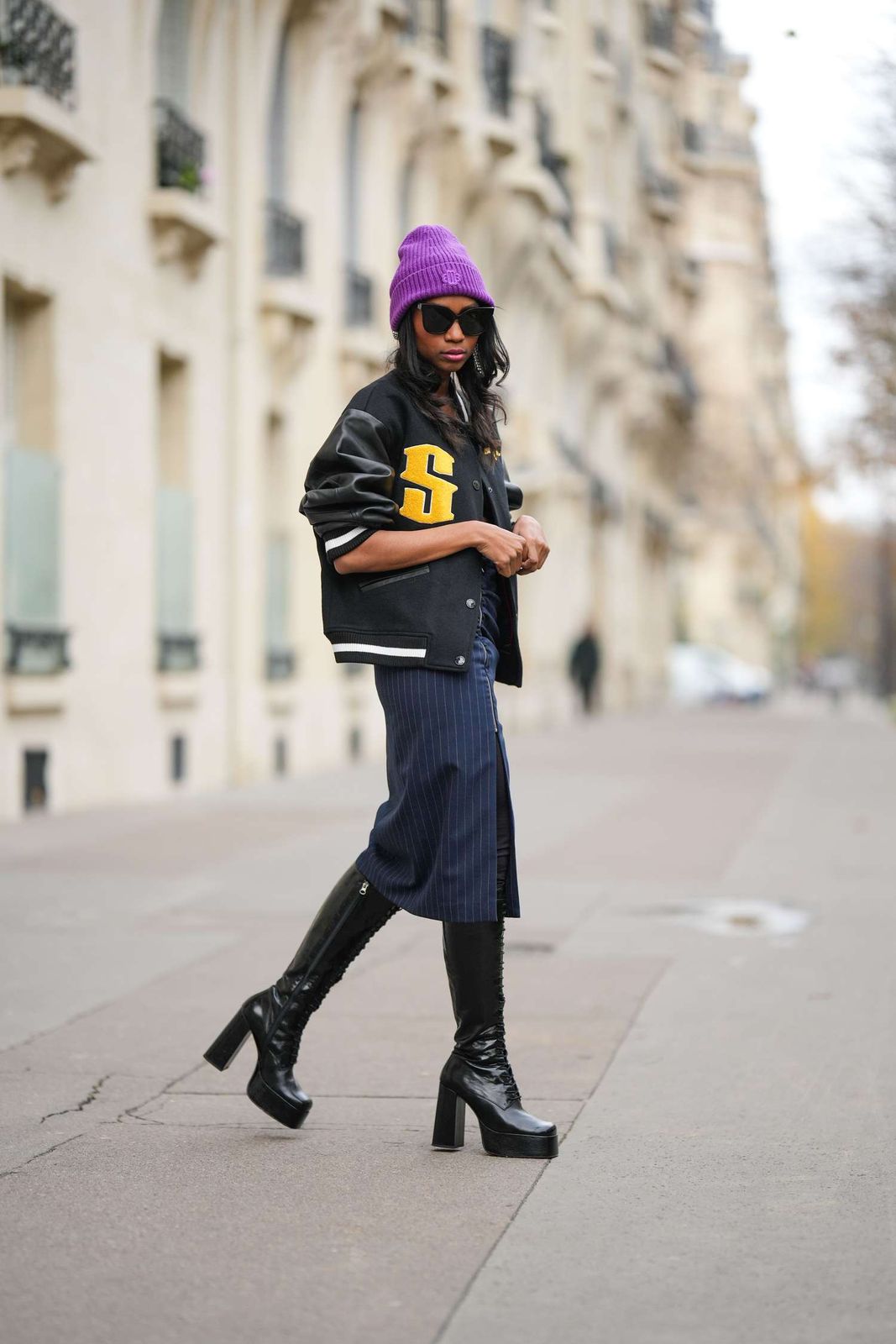 Bold Varsity Jacket with Midi Skirt and Platform Boots Bold Varsity Jacket with Midi Skirt and Platform Boots — Varsity Jacket Outfits