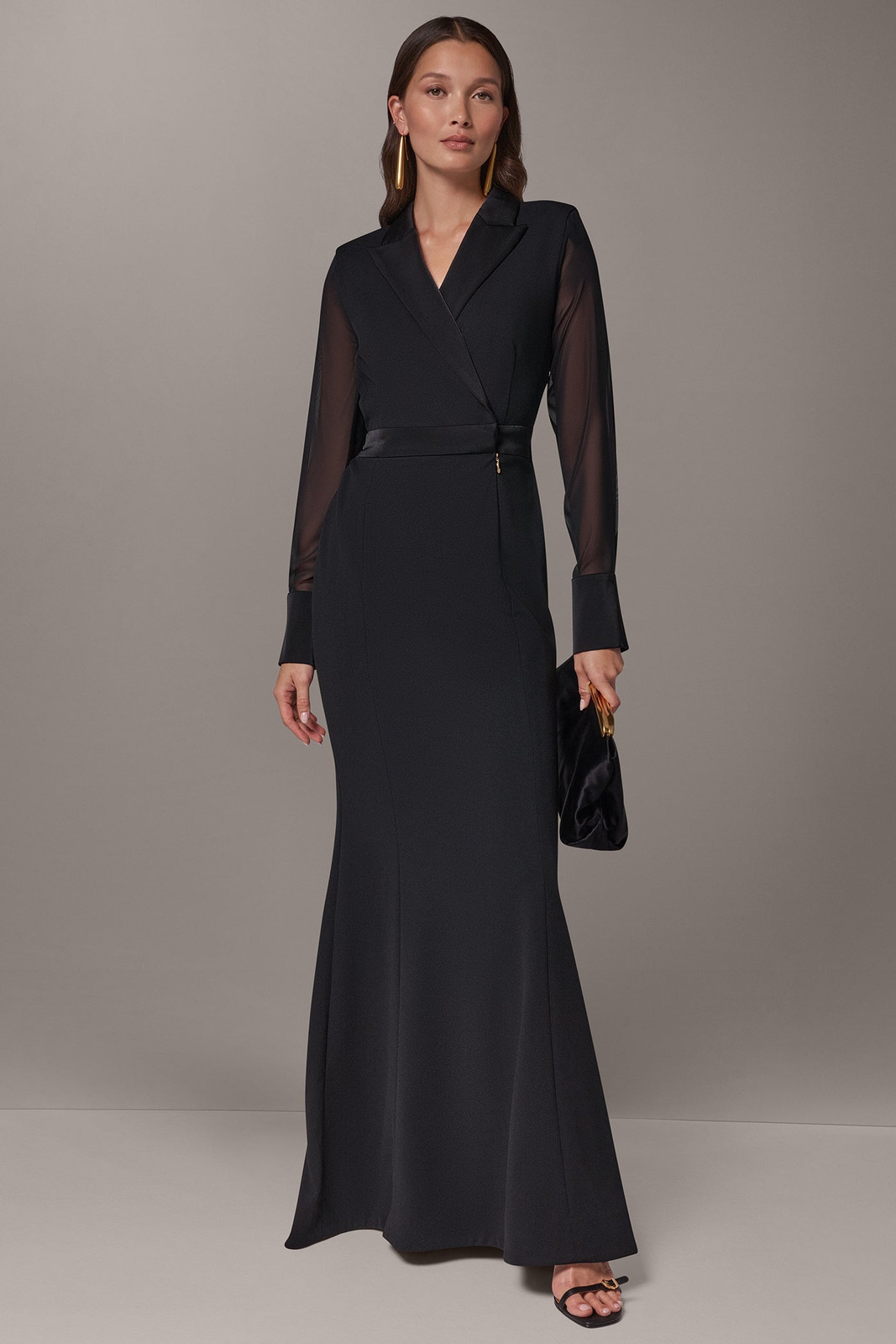 Elegant Black Maxi Dress with Sheer Chiffon Sleeves and Satin Belt — Black Tie Outfits