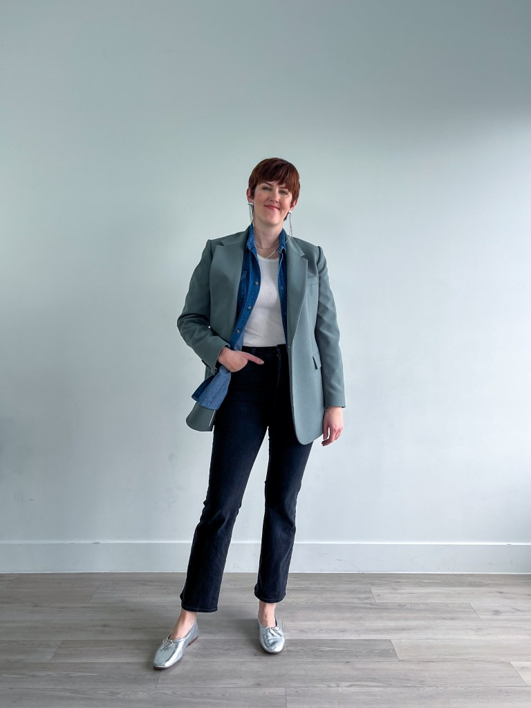 Teal Blazer Over a White Tee and Denim Shirt with Black Straight-Leg Jeans Teal Blazer Over a White Tee and Denim Shirt with Black Straight-Leg Jeans — Teacher Conference Outfits