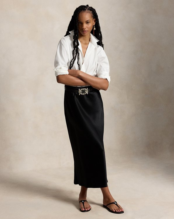 Black Satin Maxi Skirt with Button-Down and Belt for Smart Casual Black Satin Maxi Skirt with Button-Down and Belt for Smart Casual — Satin Skirts
