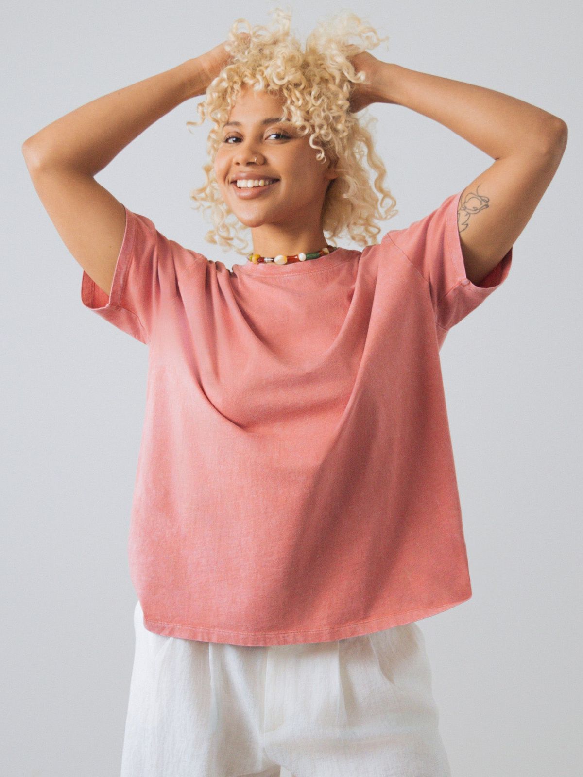 Coral Pink Oversized T-Shirt with Beaded Necklace — Oversized Shirts