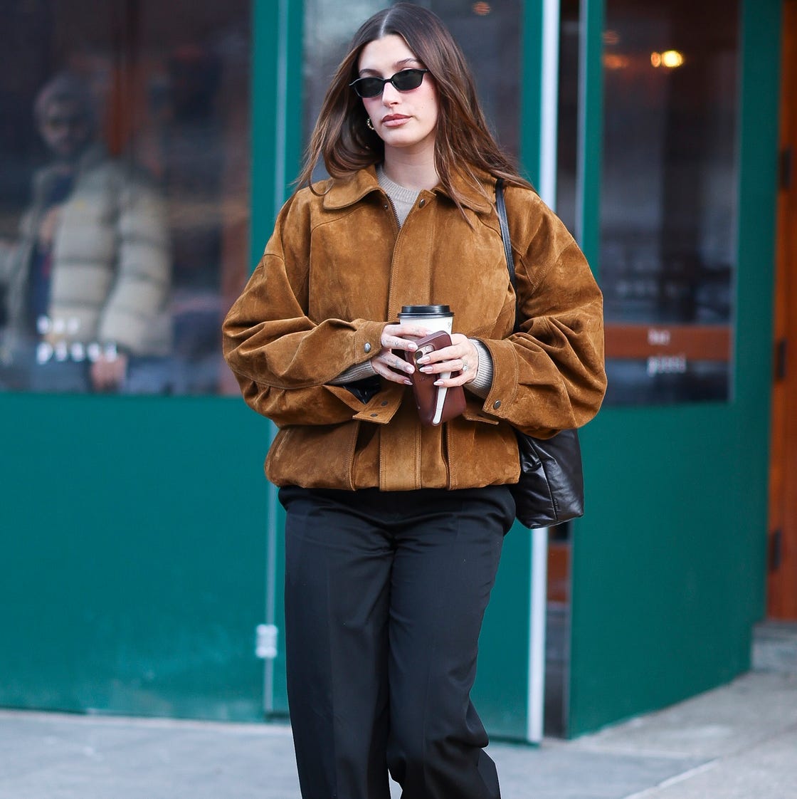 Oversized Brown Suede Bomber Jacket with Black Trousers Oversized Brown Suede Bomber Jacket with Black Trousers — Black and Brown Outfits