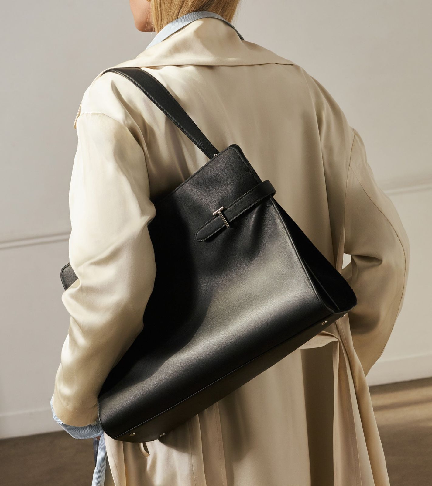 Classic Black Tote with Beige Trench Coat Classic Black Tote with Beige Trench Coat — Work Bags for Women