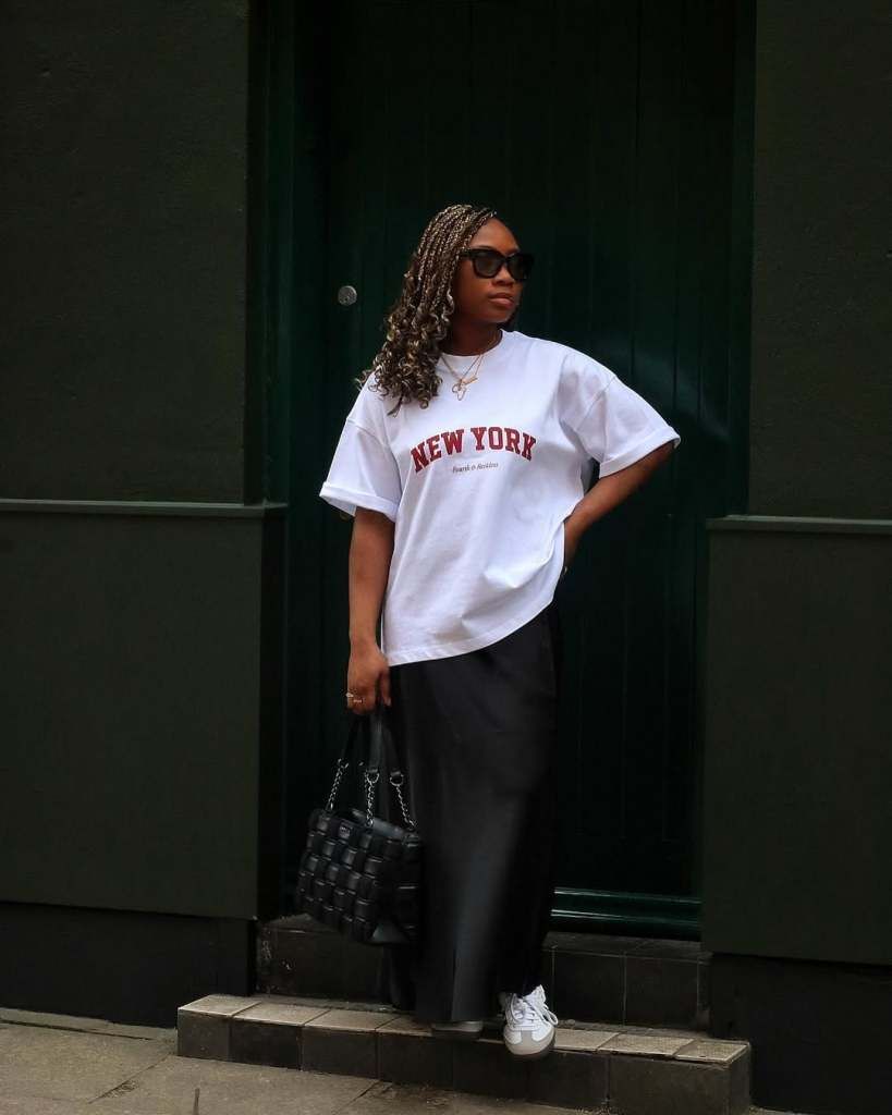 Maxi Slip Skirt with Oversized Graphic T-Shirt and Sneakers — Slip Skirt Outfits