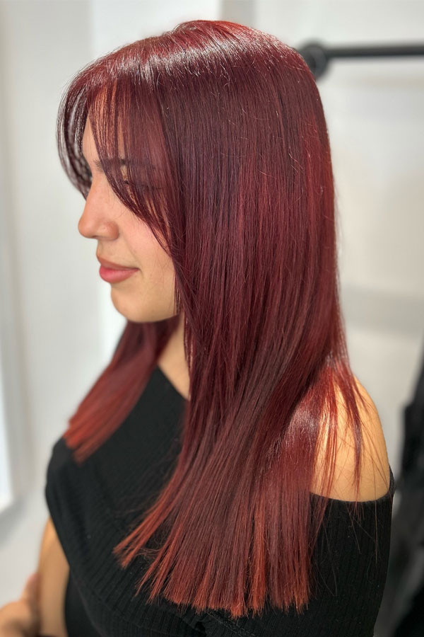 Vibrant Cherry Red With Feathered Fringe — Ruby Red Hair