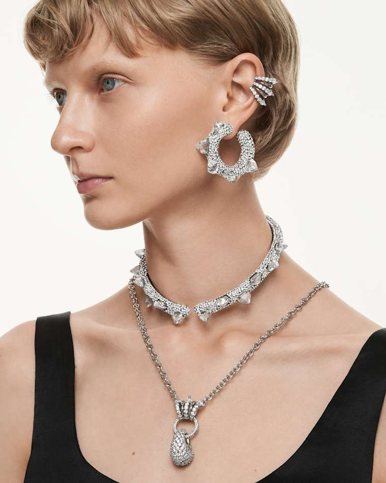 Glamorous Statement: Crystal-Encrusted Silver Hoops with Black Satin — Silver Hoops Outfits