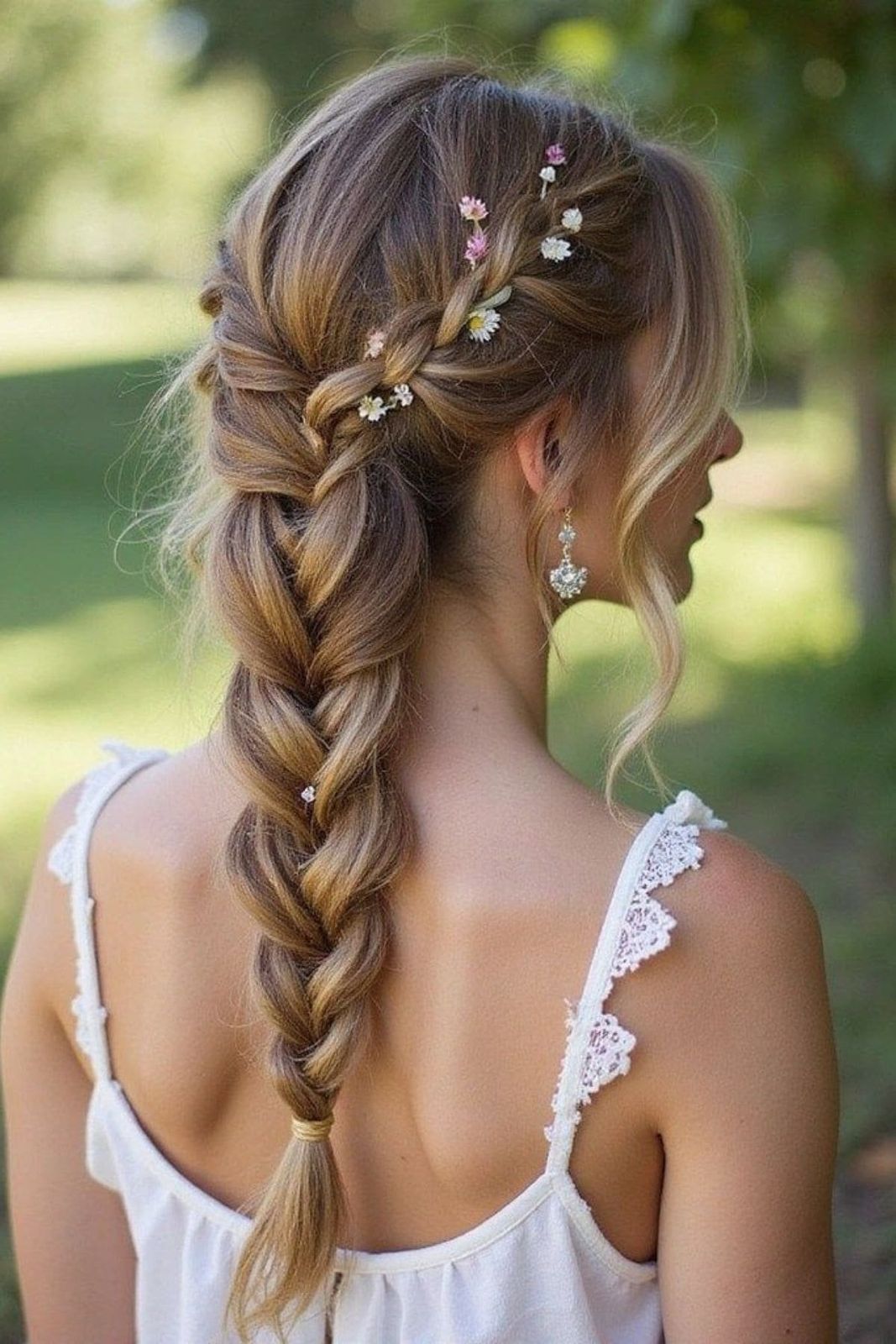 Side Braid With Delicate Flowers Side Braid With Delicate Flowers — Wedding Hairstyles for Thin Hair
