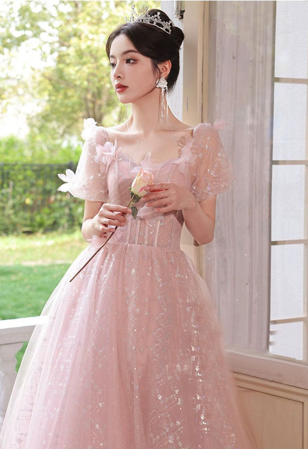 Pastel Pink Tulle Dress with Glitter and Floral Embellishments Pastel Pink Tulle Dress with Glitter and Floral Embellishments — Soft Girl Outfits