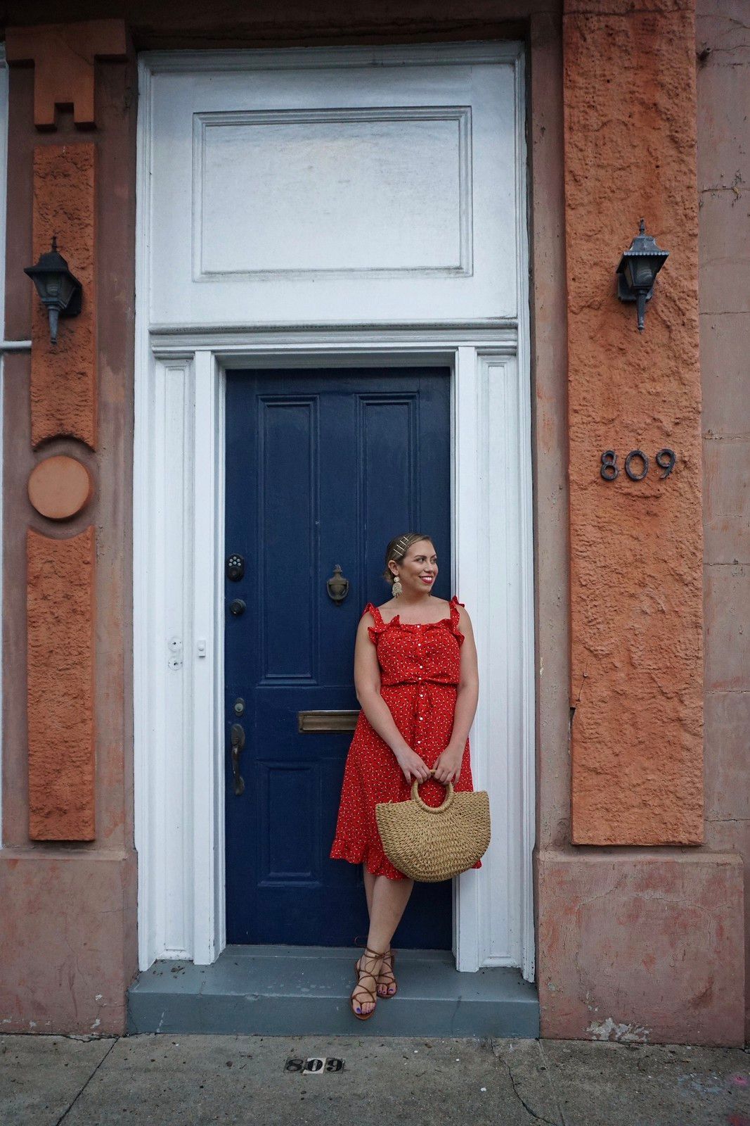 Red Floral Midi Dress with a Large Straw Tote Red Floral Midi Dress with a Large Straw Tote — New Orleans Outfits